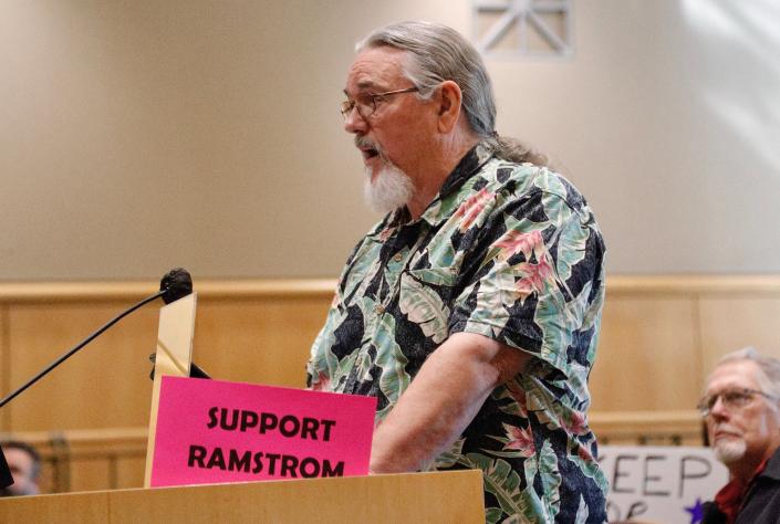 Steven Kohn speaks to the Shasta County Board of Supervisors in support of Dr. Karen Ramstrom during the public comment period on Tuesday, May 3, 2022. The board later fired Ramstrom on a 3-2 vote following a closed session.