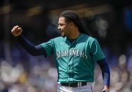 Seattle Mariners starting pitcher Luis Castillo reacts after pitching against the Pittsburgh Pirates during the fifth inning of a baseball game Saturday, May 27, 2023, in Seattle. (AP Photo/Lindsey Wasson)