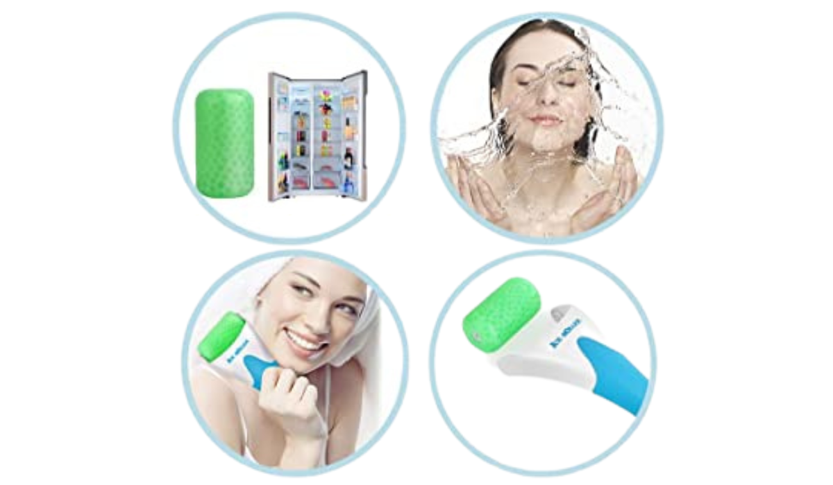 ice roller, woman splashing face, woman holding ice roller, ice roller