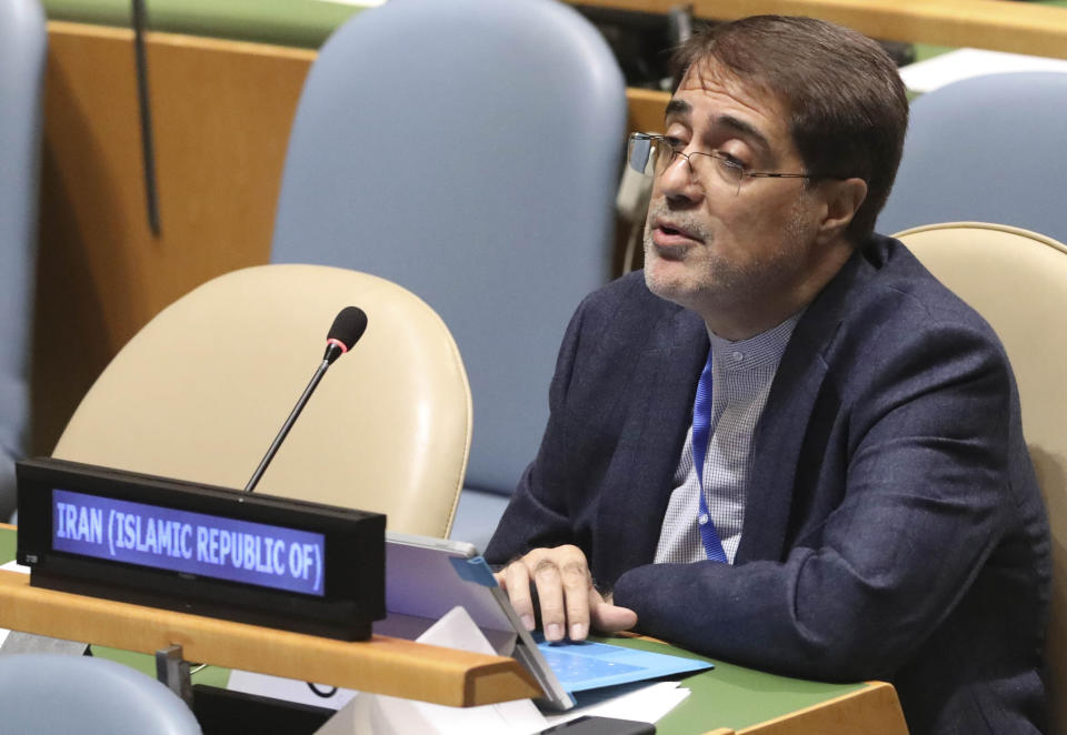 Khodadad Seifi, first counsellor at the Iranian Mission to the United Nations, delivers his right-to-reply remarks, as the 74th session the U.N. General Assembly comes to a close, Monday Sept. 30, 2019 at U.N. headquarters. (AP Photo/Bebeto Matthews)