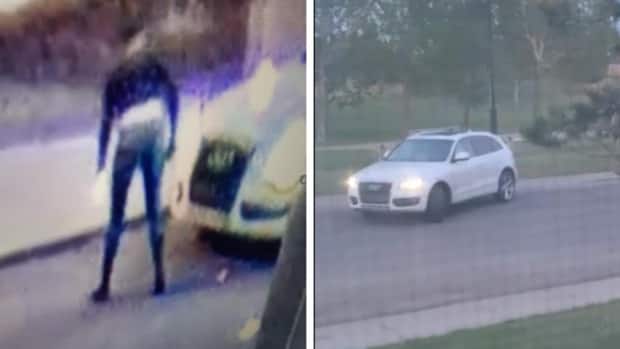 Calgary police say the suspect, seen at the left in video surveillance images, is a woman with black hair was wearing a black, long-sleeved top over a white shirt, blue jeans, and knee-high black boots. She was driving a white Audi Q5 SUV that sustained front-end damage in the collision. (Calgary Police Service - image credit)