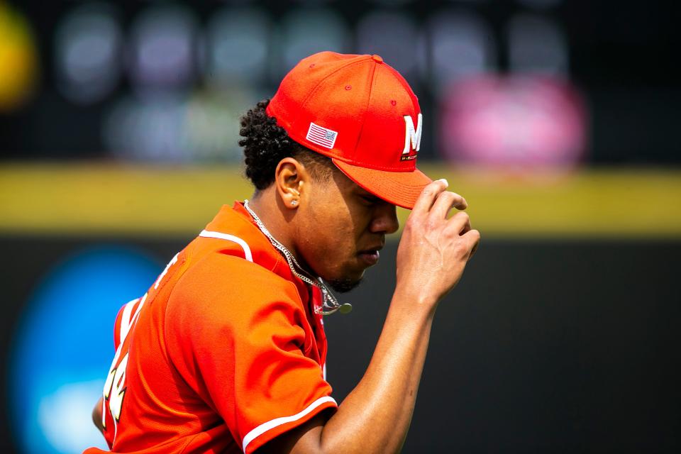 Maryland pitcher Nigel Belgrave comes out of the bullpen in relief during a NCAA Big Ten Conference baseball game against Iowa, Friday, March 31, 2023, at Duane Banks Field in Iowa City, Iowa.