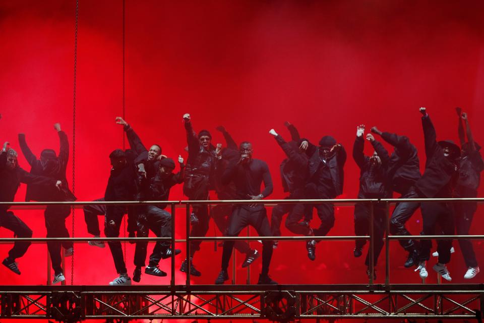 British grime and hip-hop artist Stormzy performs during the BRIT Awards 2020 ceremony and live show in London on February 18, 2020. (Photo by Adrian DENNIS / AFP) / RESTRICTED TO EDITORIAL USE  NO POSTERS  NO MERCHANDISE NO USE IN PUBLICATIONS DEVOTED TO ARTISTS (Photo by ADRIAN DENNIS/AFP via Getty Images)