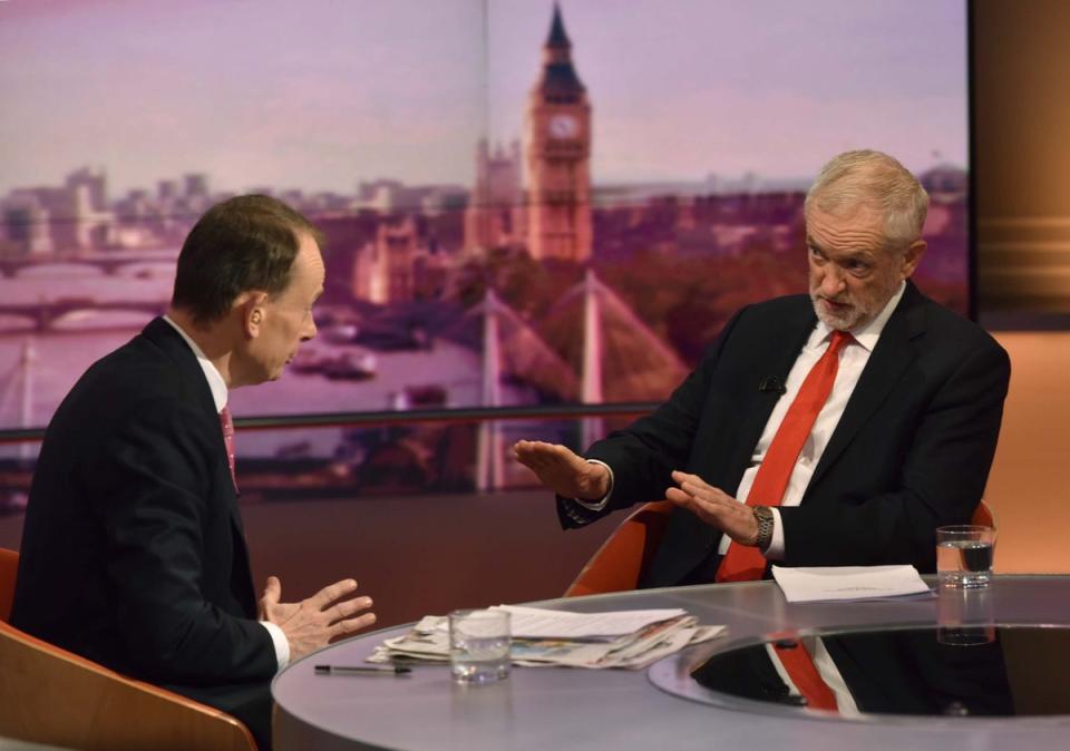 Jeremy Corbyn, right, being interviewed by host Andrew Marr on the BBC1 current affairs programme, The Andrew Marr Show (Jeff Overs/BBC/PA) (PA Media)