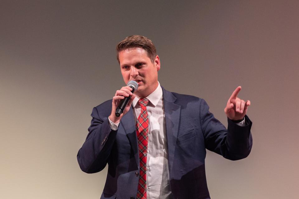 Utah Congressional District 2 representative candidate Jordan Hess speaks during the first Congressional District 2 debate at Woods Cross High School in Woods Cross on June 20, 2023. | Ryan Sun, Deseret News