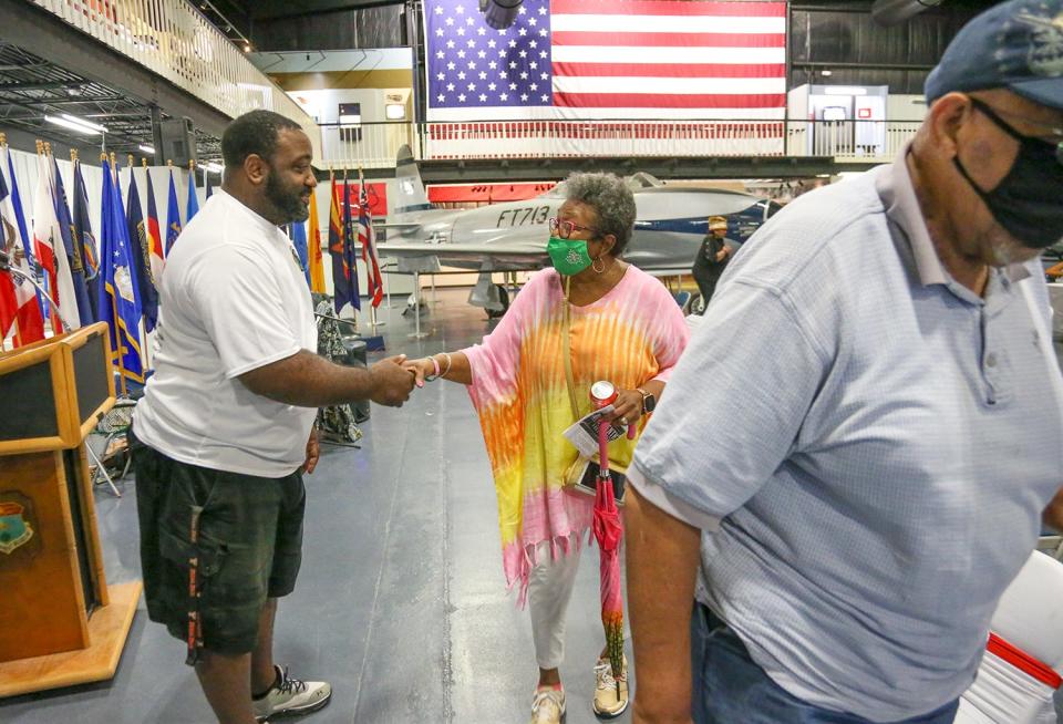 African American Military Heritage Society Vice President and event Emcee De'Carlo Garcia thanks guests at the conclusion of the inaugural Juneteenth program and celebration at the Armament Museum.