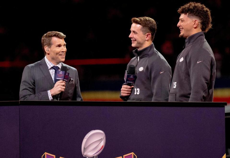 Kansas City Chiefs quarterback Patrick Mahomes, right, and San Francisco 49ers quarterback Brock Purdy laugh alongside NFL Network anchor Scott Hanson during Super Bowl LVIII’s Opening Night event at Allegiant Stadium on Monday, Feb. 5, 2024, in Las Vegas.