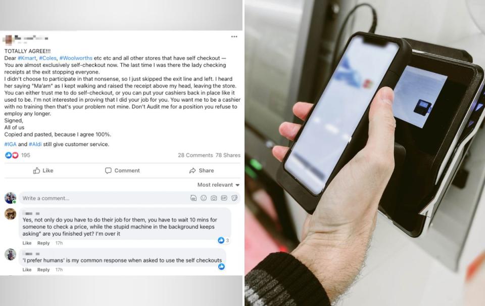 Left: Screenshot of viral Facebook post which attacks Kmart and other major retailers for self-serve checkouts. Right: Hand holding smart phone to pay for items at a self-serve register