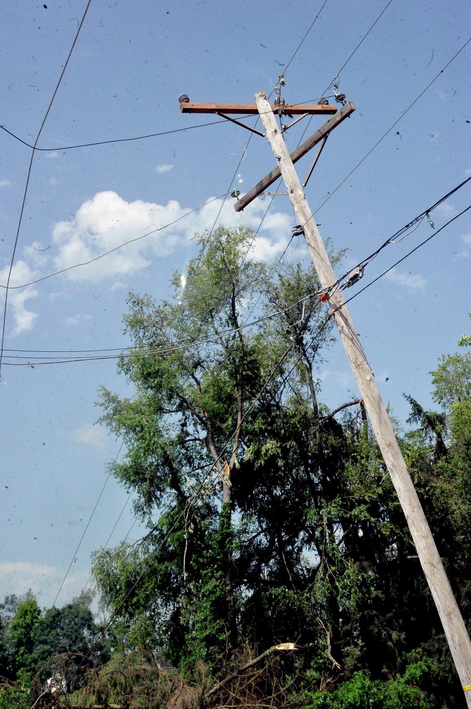 Many power poles in the southern part of Wayne County are either leaning or have wires stripped from them by downed trees.