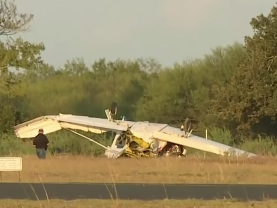 The wreckage of the plane crash at Coulter Field Airport in Bryan, Texas: (KPRC 2 Click2Houston - YouTube)