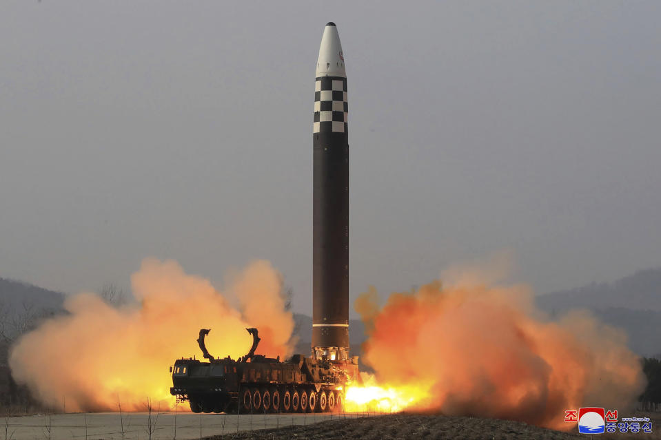 FILE - This photo distributed by the North Korean government shows what it says a test-fire of a Hwasong-17 intercontinental ballistic missile (ICBM), at an undisclosed location in North Korea on March 24, 2022. When the U.S. and South Korean leaders meet Saturday, May 21, North Korea’s nuclear weapons and missile program, already a major focus, may receive extra attention if intelligence predictions of an imminent major weapons demonstration by the North, which is struggling with a COVID-19 outbreak, are right. Independent journalists were not given access to cover the event depicted in this image distributed by the North Korean government. The content of this image is as provided and cannot be independently verified. Korean language watermark on image as provided by source reads: "KCNA" which is the abbreviation for Korean Central News Agency. (Korean Central News Agency/Korea News Service via AP, File)