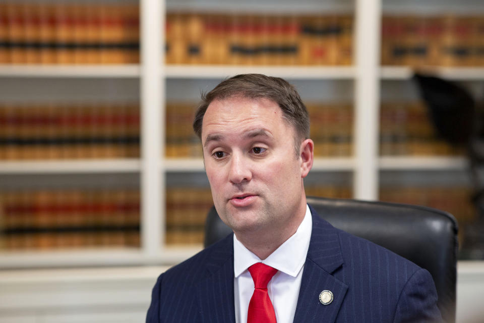 Virginia Attorney General Jason Miyares speaks during an interview at the Office of the Attorney General in Richmond, Va., Tuesday, May 9, 2023. Miyares has defended his decision not to join most of his Republican counterparts around the country in supporting a lawsuit challenging the safety and approval of the abortion medication mifepristone. (AP Photo/Ryan M. Kelly)