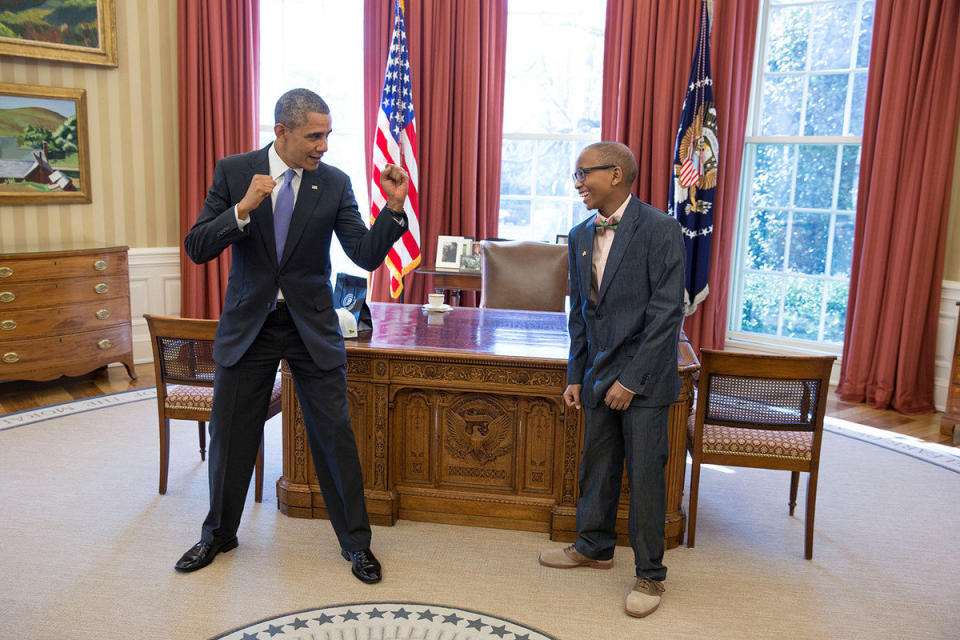 Obama spars with Jaren Paul Suber, a 14-year-old Make-A-Wish recipient from Rowlett, Texas, in the Oval Office on March 20, 2014.