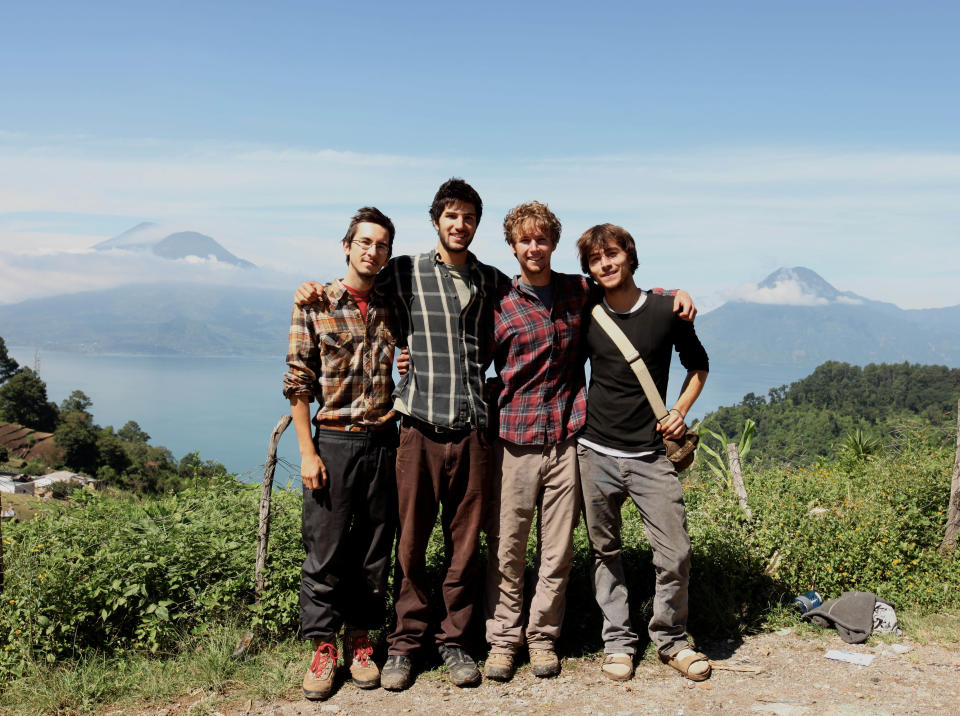 This 2010 photo provided by Living on One shows, from left, Sean Leonard, Zach Ingrasci, Chris Temple and Ryan Christoffersen in Pena Blanca, Guatemala. The foursome lived in the village on $1 a day per person for a summer to experience firsthand issues related to rural poverty, then made a film about their experiences. (AP Photo/Living on One)