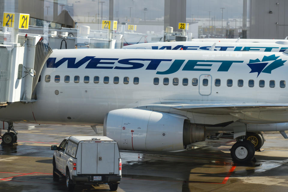 A view of WestJet planes at Calgary International Airport. On Monday, September 10th, 2018, in Calgary, Alberta, Canada. (Photo by Artur Widak/NurPhoto via Getty Images)