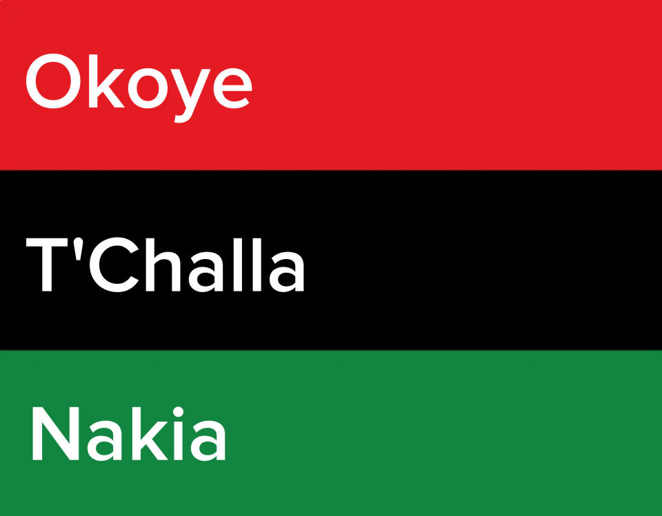 The names and colors of Okoye, T'Challa, and Nakia organized to represent the Pan-African flag