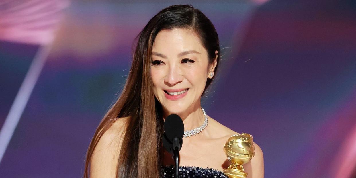 beverly hills, california january 10 80th annual golden globe awards pictured michelle yeoh accepts the best actress in a motion picture – musical or comedy award for everything everywhere all at once onstage at the 80th annual golden globe awards held at the beverly hilton hotel on january 10, 2023 in beverly hills, california photo by rich polknbc via getty images