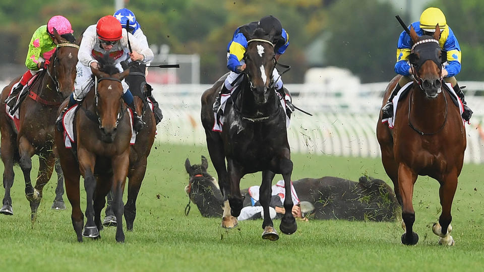 Jordan Childs riding Galaxy Raider fell during race 9, the MSS Security Sprint. (Photo by Quinn Rooney/Getty Images)