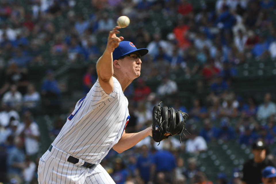 Chicago Cubs starting pitcher Alec Mills (30) delivers during the first inning of a baseball game against the St. Louis Cardinals, Friday, Sept. 20, 2019, in Chicago. (AP Photo/Matt Marton)