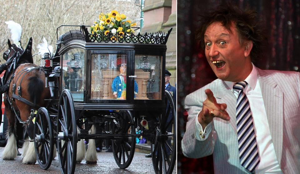 The funeral cortege arrives at Liverpool Anglican Cathedral ahead of the funeral service of Sir Ken Dodd. (PA)