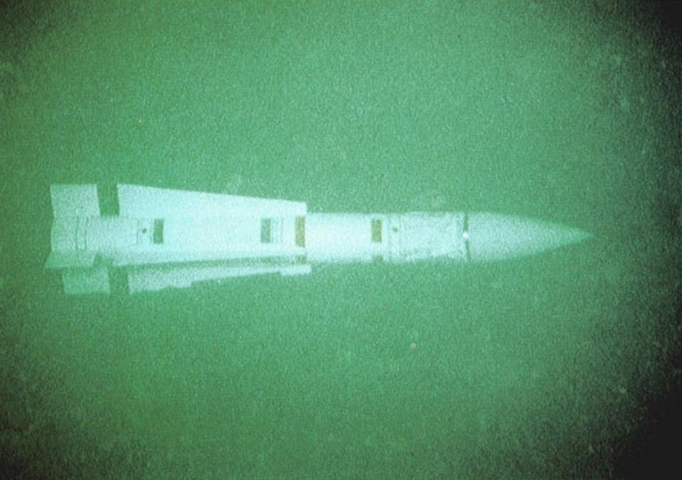 A picture of the AIM-54 missile that NR-1 recovered in 1976 after the F-14 Tomcat it was loaded into fell off the aircraft carrier USS <em>John F. Kennedy</em>.