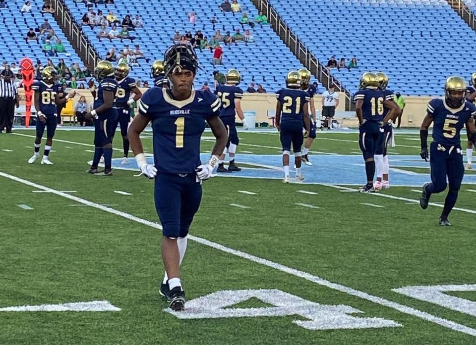 Reidsville’s Breon Pass walks off the field at the end of the Rams 35-6 win over Mountain Heritage in the 2021 NCHSAA 2A title game Saturday, May 8, 2021. Pass will play basketball only at N.C. State starting next season.