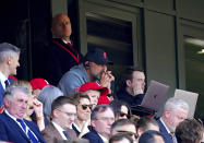 Liverpool manager Jurgen Klopp in the stands, during the English Premier League soccer match between Liverpool and Aston Villa, at Anfield stadium, Liverpool, England, Saturday May 20, 2023. (Peter Byrne/PA via AP)