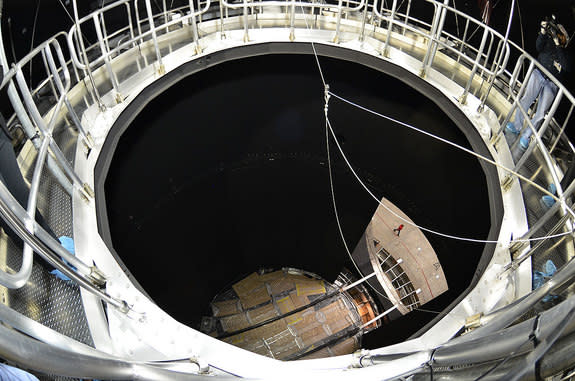 Looking down from the 60-foot level inside Chamber A at Johnson Space Center in Houston. When the James Webb Space Telescope is inside the thermal vacuum chamber, its mirrors will face up.