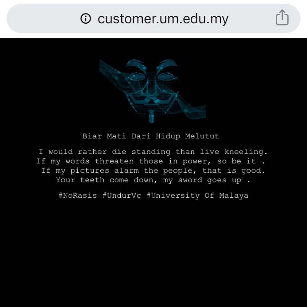 The message that was left on UM’s e-pay cashless system portal following a cyberattack last night. — Picture via Twitter/MrX65826985