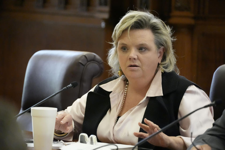 Mississippi State Senate Medicaid Committee Vice Chairman Nicole Boyd, R-Oxford, speaks on a proposal to expand Medicaid benefits to tens of thousands of residents, during its meeting, Wednesday, March 27, 2024, in the Mississippi State Capitol. However, the senate proposal would cover fewer people than the House version. (AP Photo/Rogelio V. Solis)