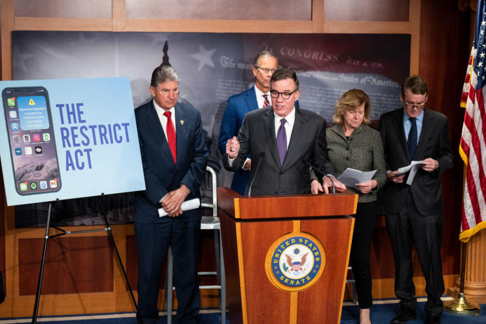 Sen. Mark Warner speaks during news conference with other lawmakers to introduce the RESTRICT Act in the Capitol on Tuesday, March 7, 2023. / Credit: Bill Clark/CQ-Roll Call, Inc via Getty Images