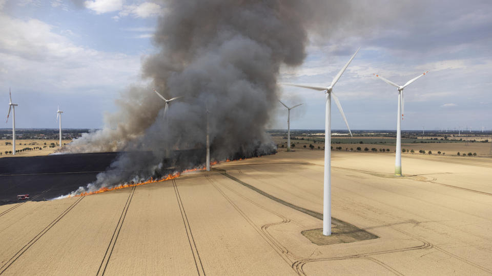 A field in an onshore wind farm is on fire near the town of Zoerbig, eastern Germany, Saturday, July 15, 2023. (Hannes P. Albert/dpa via AP)
