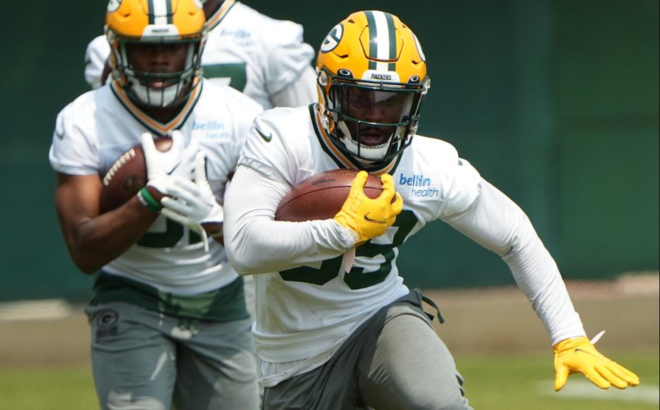 Green Bay Packers running back <a class="link " href="https://sports.yahoo.com/nfl/players/34261" data-i13n="sec:content-canvas;subsec:anchor_text;elm:context_link" data-ylk="slk:Tyler Goodson;sec:content-canvas;subsec:anchor_text;elm:context_link;itc:0">Tyler Goodson</a> (39) is shown during organized team activities Tuesday, May 23, 2023 in Green Bay, Wis.