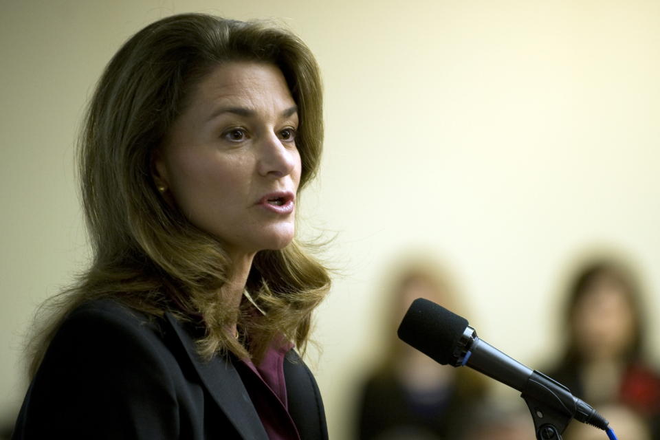 Melinda Gates speaks during a press conference for Univision Communications, in partnership with the Bill and Melinda Gate Foundation, the Education Department and the Labor Department, unveiling a national, multi-year and multi-million dollar education initiative at the National Press Club in Washington, DC, February 23, 2010.                     AFP  PHOTO/Jim WATSON (Photo by Jim WATSON / AFP) (Photo by JIM WATSON/AFP via Getty Images)