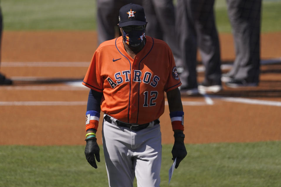 Houston Astros manager Dusty Baker Jr. walks to the dugout before Game 2 of a baseball American League Division Series between the Oakland Athletics and the Astros in Los Angeles, Tuesday, Oct. 6, 2020. (AP Photo/Ashley Landis)