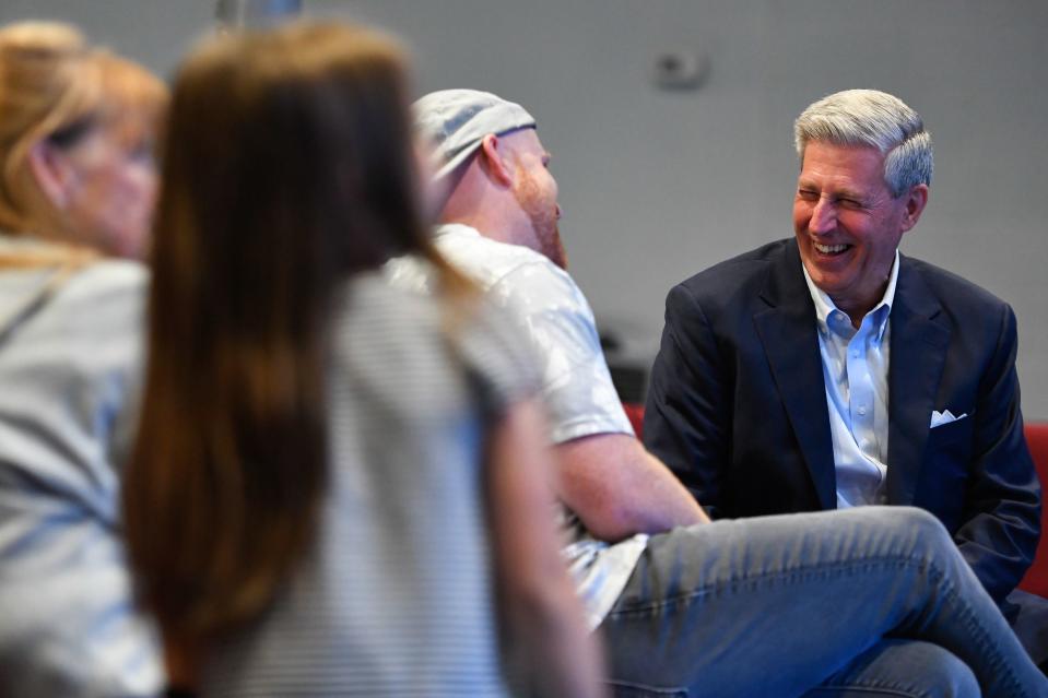 Utah 2nd Congressional District candidate Bruce Hough talks with supporters Tuesday evening, Sept. 5, 2023, in West Valley City. | Alex Goodlett, for the Deseret News