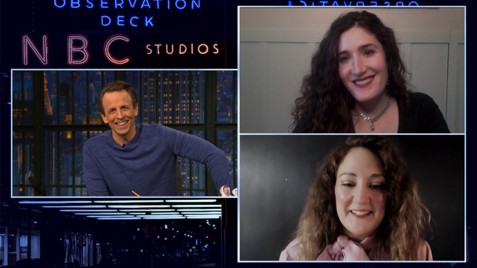 LATE NIGHT WITH SETH MEYERS -- Episode 1097A -- Pictured in this screen grab: (Clockwise from left) Host Seth Meyers talks with comedians Kate Berlant and Jacqueline Novak  on January 27, 2021 -- (Photo by: NBC/NBCU Photo Bank via Getty Images)