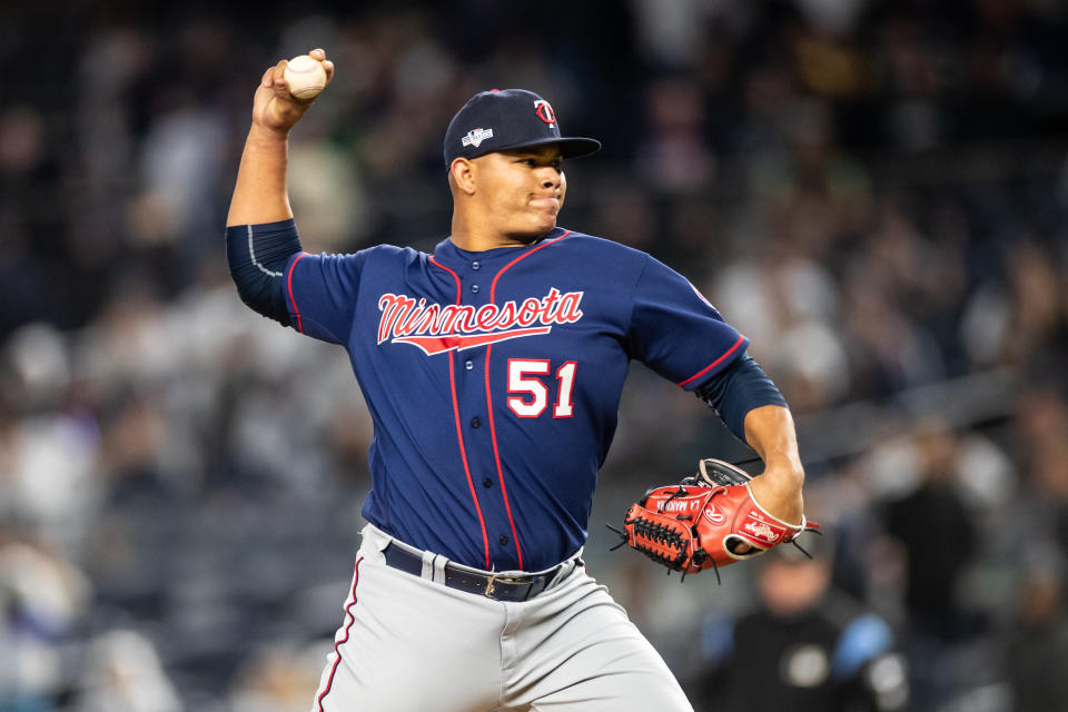 NEW YORK, NY - OCTOBER 04: Brusdar Graterol #51 of the Minnesota Twins pitches against the New York Yankees on October 4, 2019 in game one of the American League Division Series at Yankee Stadium in the Bronx borough of New York City. (Photo by Brace Hemmelgarn/Minnesota Twins/Getty Images)