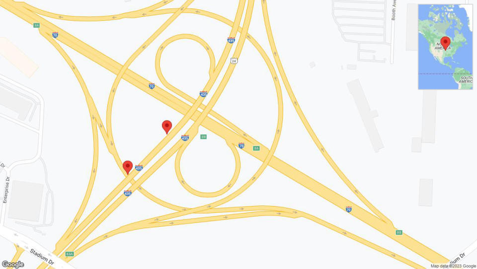 A detailed map that shows the affected road due to 'Broken down vehicle on southbound I-435 in Kansas City' on November 24th at 5:41 p.m.