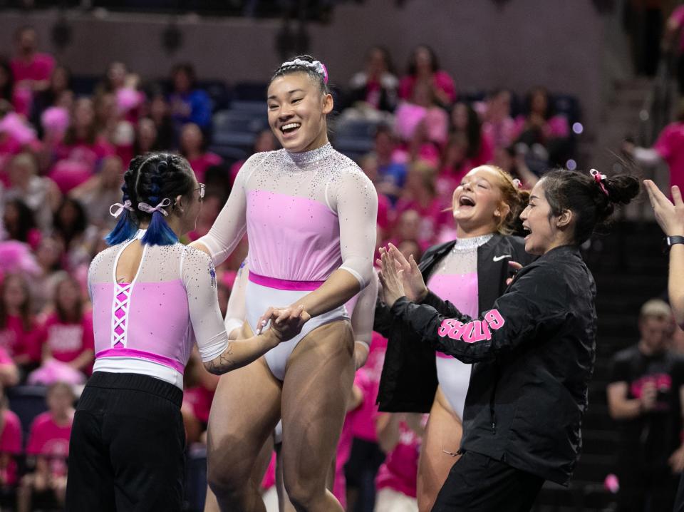 Florida Gators gymnast Leanne Wong celebrates as Florida takes on Arkansas in an NCAA Gymnastics meet at Exactech Arena in Gainesville, FL on Friday, February 9, 2024. [Alan Youngblood/Gainesville Sun]