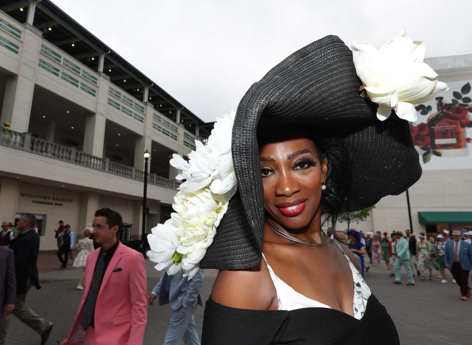 May 4, 2024; Louisville, KY, USA; Anissa Todman, of New Jersey, wears fashionable hat during the Kentucky Derby in Louisville, Ky. on May. 4 2024. Mandatory Credit: Sam Upshaw, Jr.-USA TODAY Sports