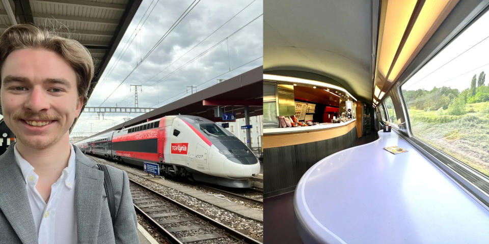 Der Autor, der TGV Lyria und sein Café-Wagen. - Copyright: Pete Syme/Business Insider