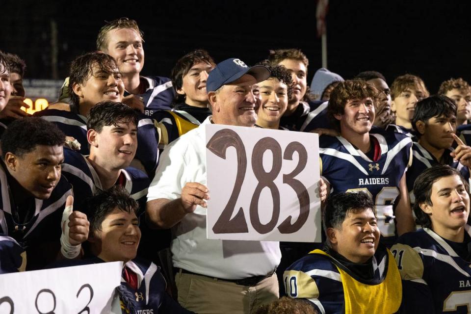 Central Catholic’s Roger Canepa became the winningest coach in Sac-Joaquin Section history with the 34-20 win over Edison in the Sac-Joaquin Section Division I quarterfinal game at Central Catholic High School in Modesto, Calif., Friday, Nov. 10, 2023.