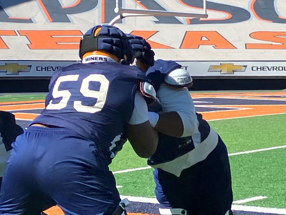 UTEP guard Otis Pitts competes in a drill at spring practice Monday at the Sun Bowl