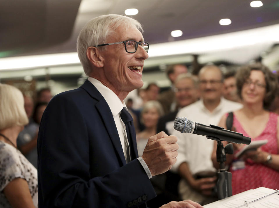 Tony Evers speaks after his win in Wisconsin's Democratic gubernatorial primary election during an event at Best Western Premier Park Hotel in Madison, Wis., Tuesday, Aug. 14, 2018. (Amber Arnold/Wisconsin State Journal via AP)