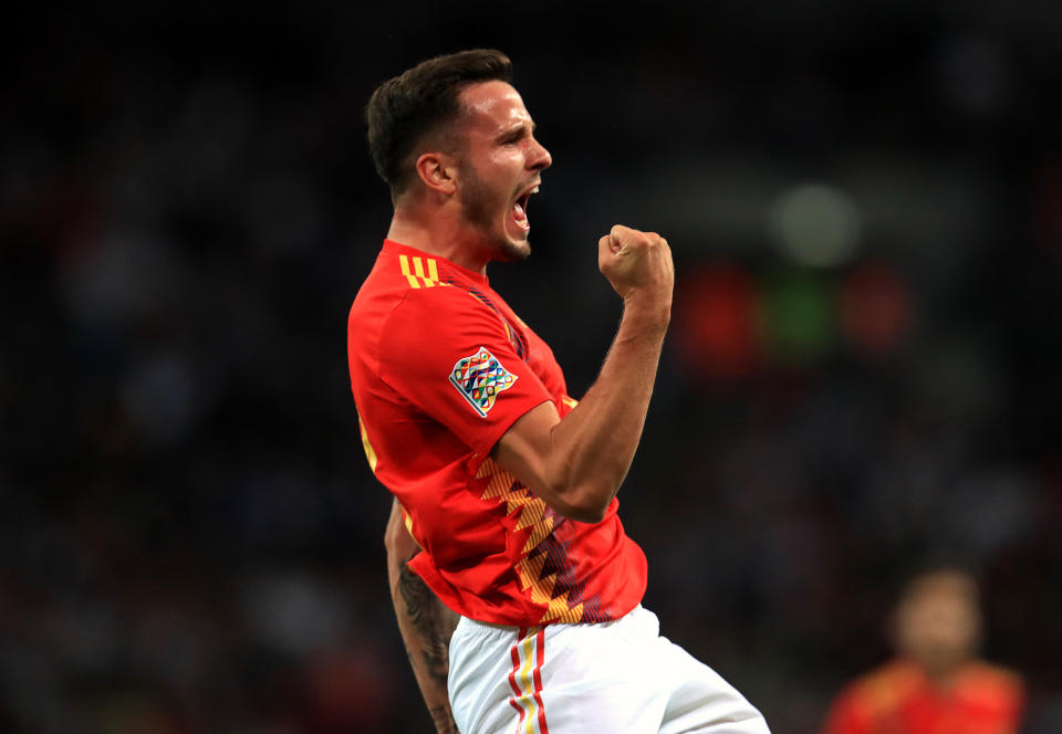 Spain’s Saul Niguez celebrates scoring his side’s first goal