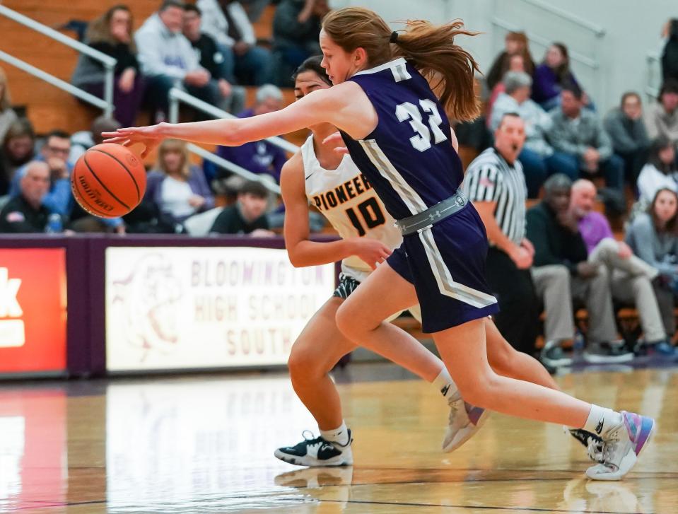 Bloomington South’s Julia Lashley (32) steals the ball from Mooresville’s Sydney Hardy (10) during their IHSAA girls’ basketball sectional first round game at South on Tuesday, Jan. 31, 2023.