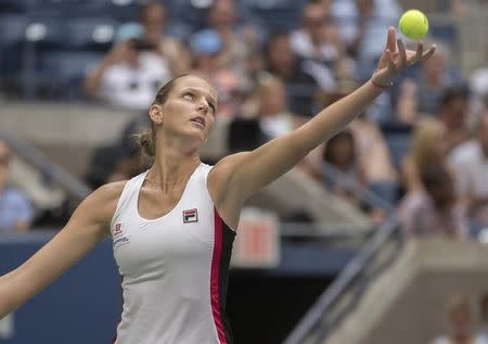 Sep 10, 2016; New York, NY, USA; Karolina Pliskova (CZE) in action during her match against Angelique Kerber (GER) on day thirteen of the 2016 U.S. Open tennis tournament at USTA Billie Jean King National Tennis Center. Mandatory Credit: Susan Mullane-USA TODAY Sports