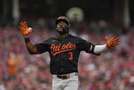 Baltimore Orioles' Jorge Mateo celebrates as he scores after hitting a home run in the fourth inning of a baseball game against the Cincinnati Reds, Saturday, May 4, 2024, in Cincinnati. The Orioles won 2-1. (AP Photo/Carolyn Kaster)