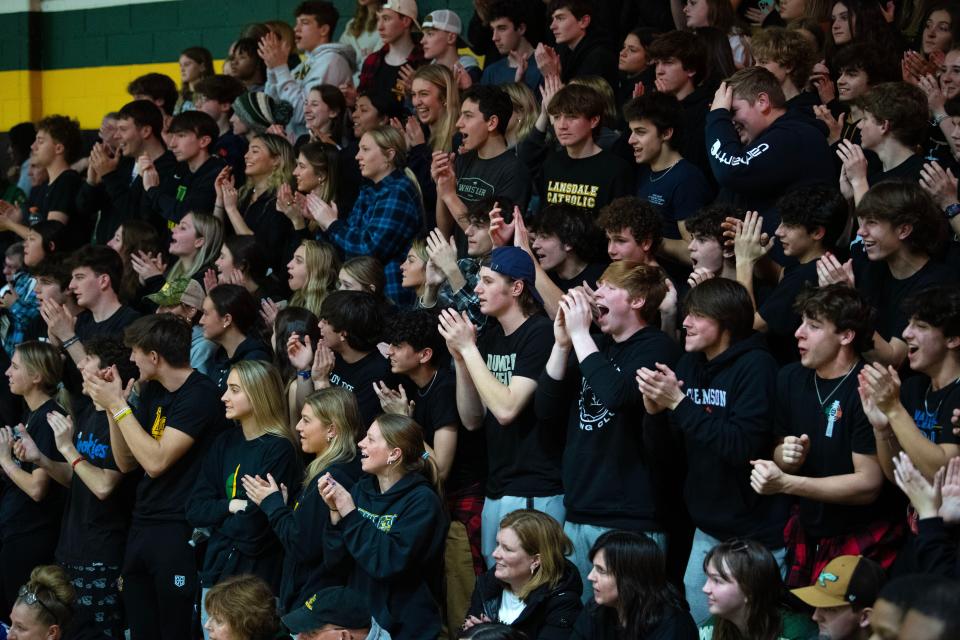 Lansdale Catholic students react to their girls basketball team's game against Archbishop Wood at Archbishop Wood High School on Tuesday, Feb. 7, 2023. The Crusaders defeated the Vikings 49-31.